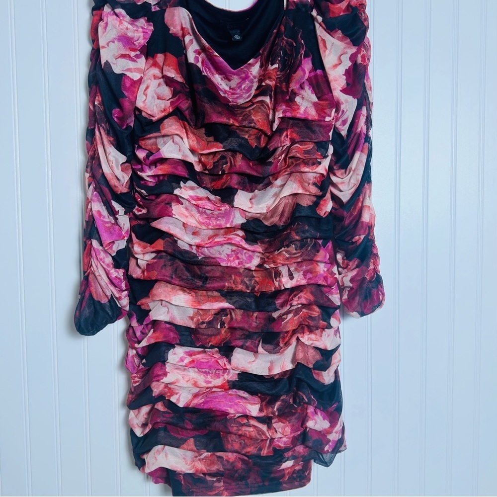 Ruched Floral Long-Sleeve Mini Dress in Pink and Black Cache XL - Picture 8 of 10